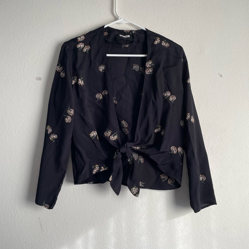 Reformation black ruffle front tie floral print long sleeve blouse